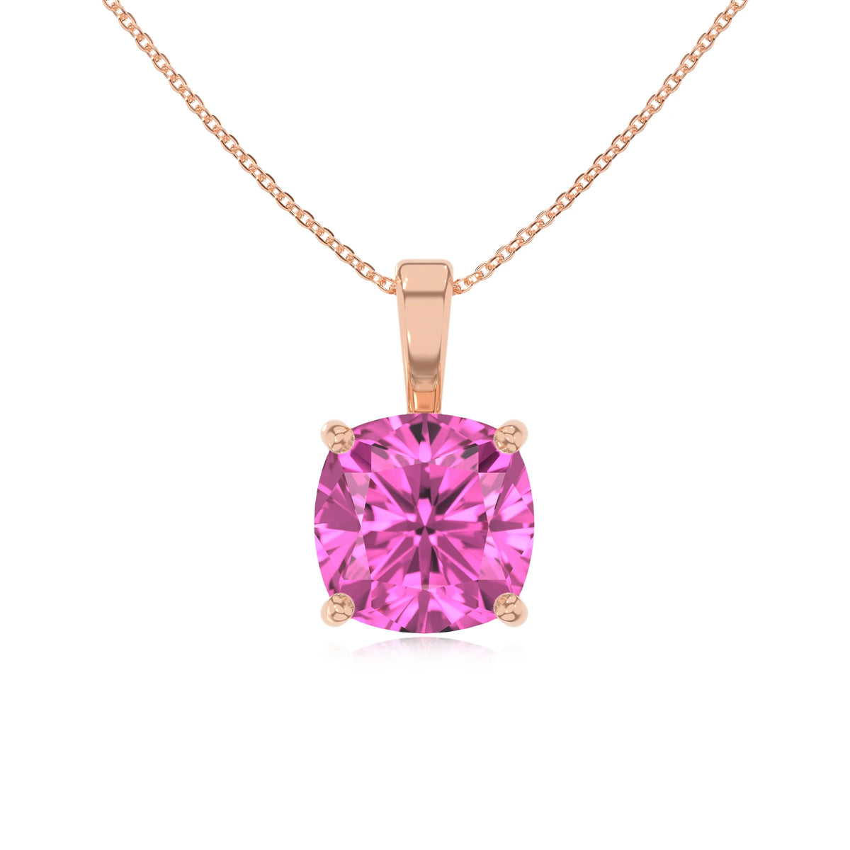 lab grown pink-sapphire cushion solitaire necklaces in rose gold 