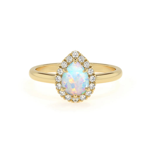 lab grown opal pear solitaire rings in yellow gold 