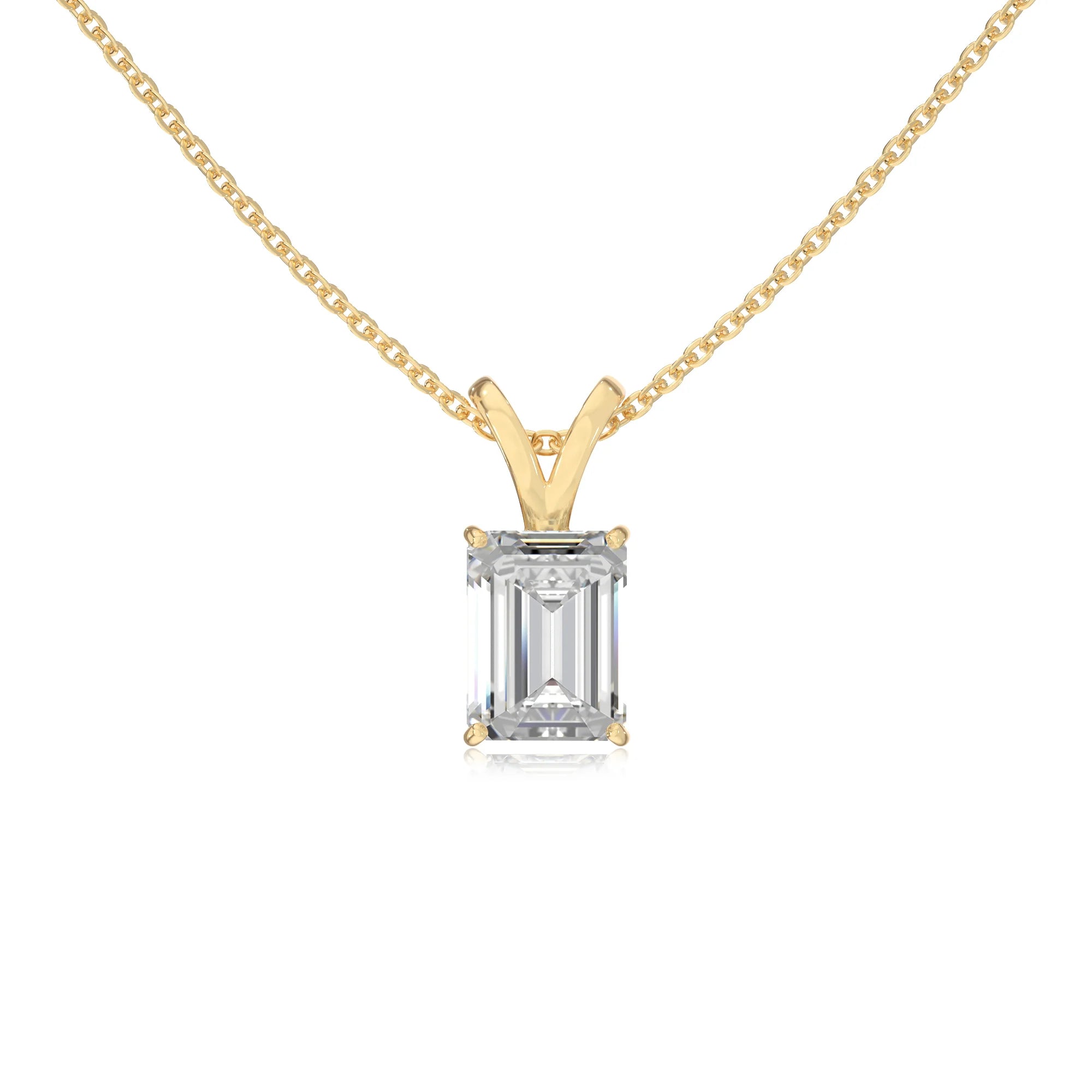 lab grown moissanite emerald cut solitaire v-bale necklaces in yellow gold 