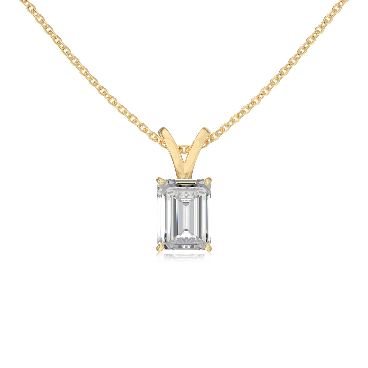 lab grown moissanite emerald cut solitaire v-bale necklaces in yellow gold 