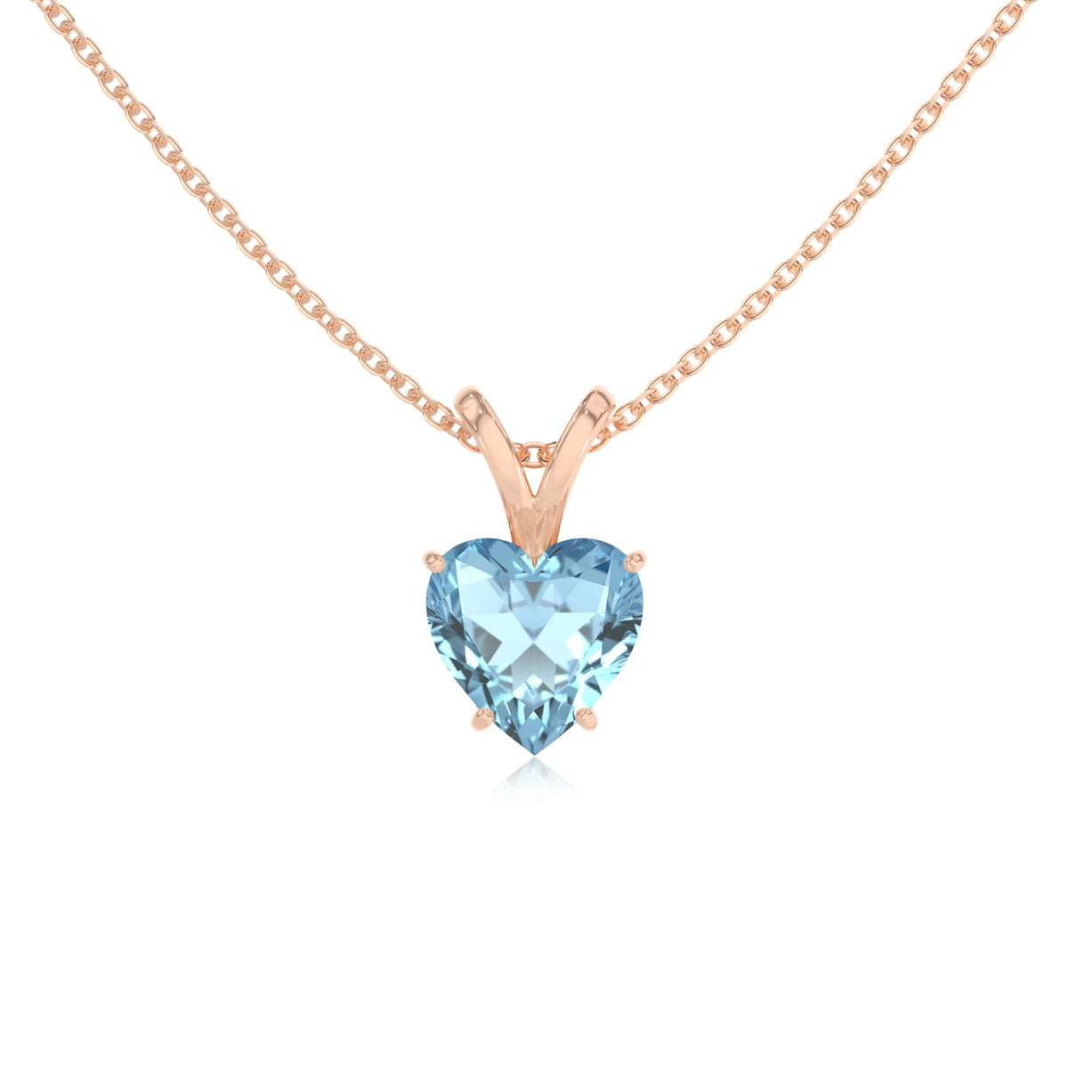 lab grown aquamarine heart solitaire v-bale necklaces in rose gold 