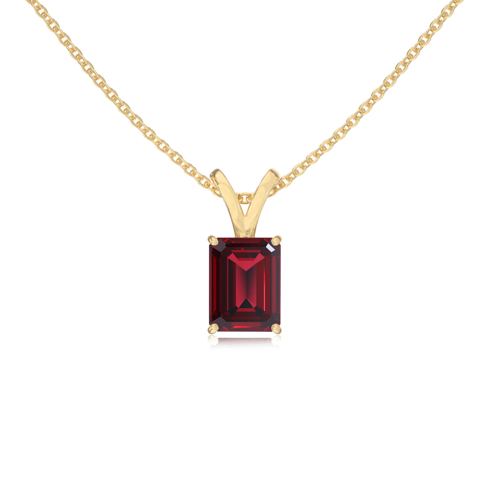 lab grown ruby emerald cut solitaire v-bale necklaces in yellow gold 