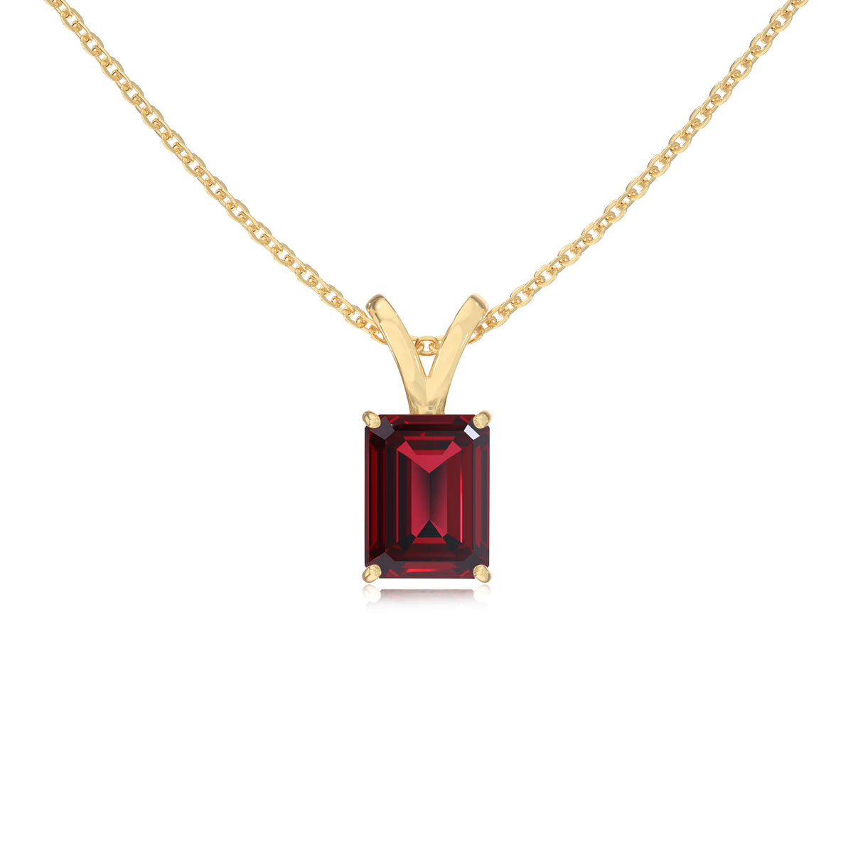 lab grown ruby emerald cut solitaire v-bale necklaces in yellow gold 