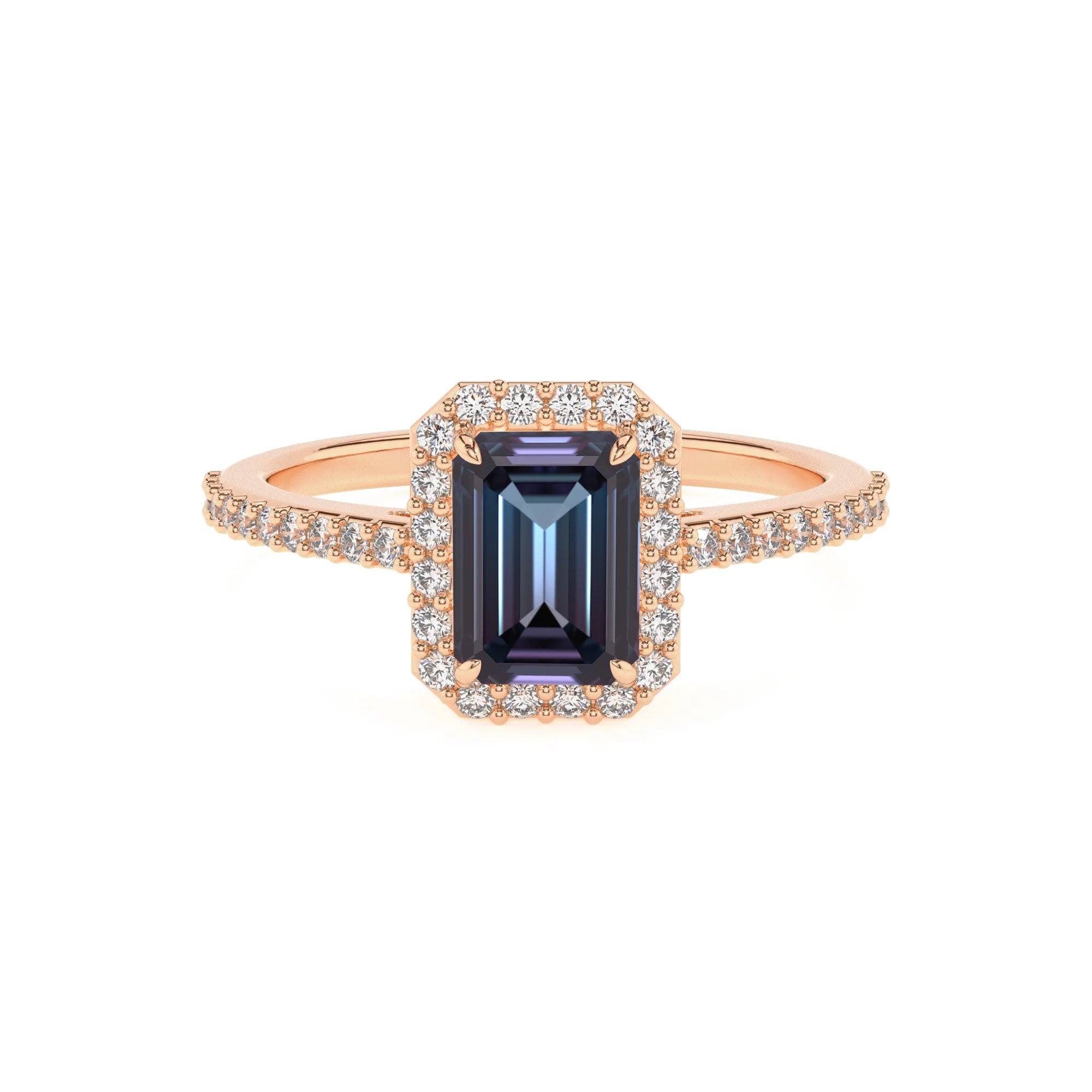 lab grown alexandrite emerald cut solitaire rings in rose gold 