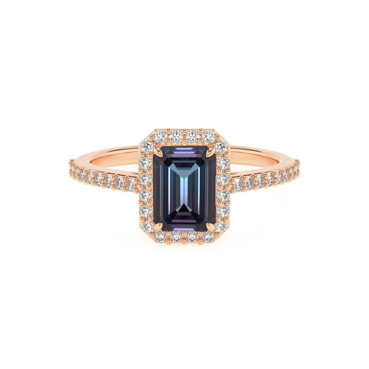 lab grown alexandrite emerald cut solitaire rings in rose gold 