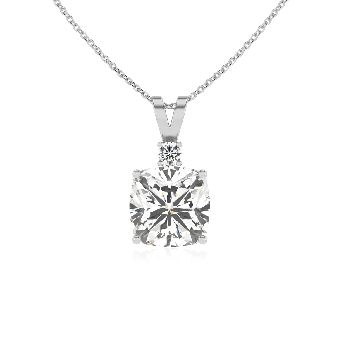 lab grown moissanite cushion solitaire v-bale necklaces in sterling silver 