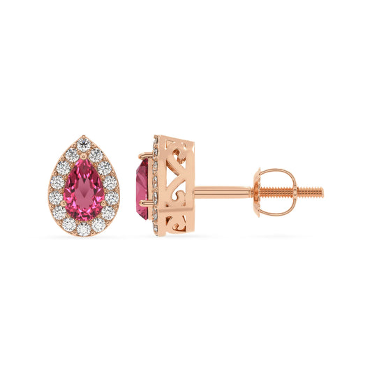 lab grown pink tourmaline pear stud earrings in rose gold 