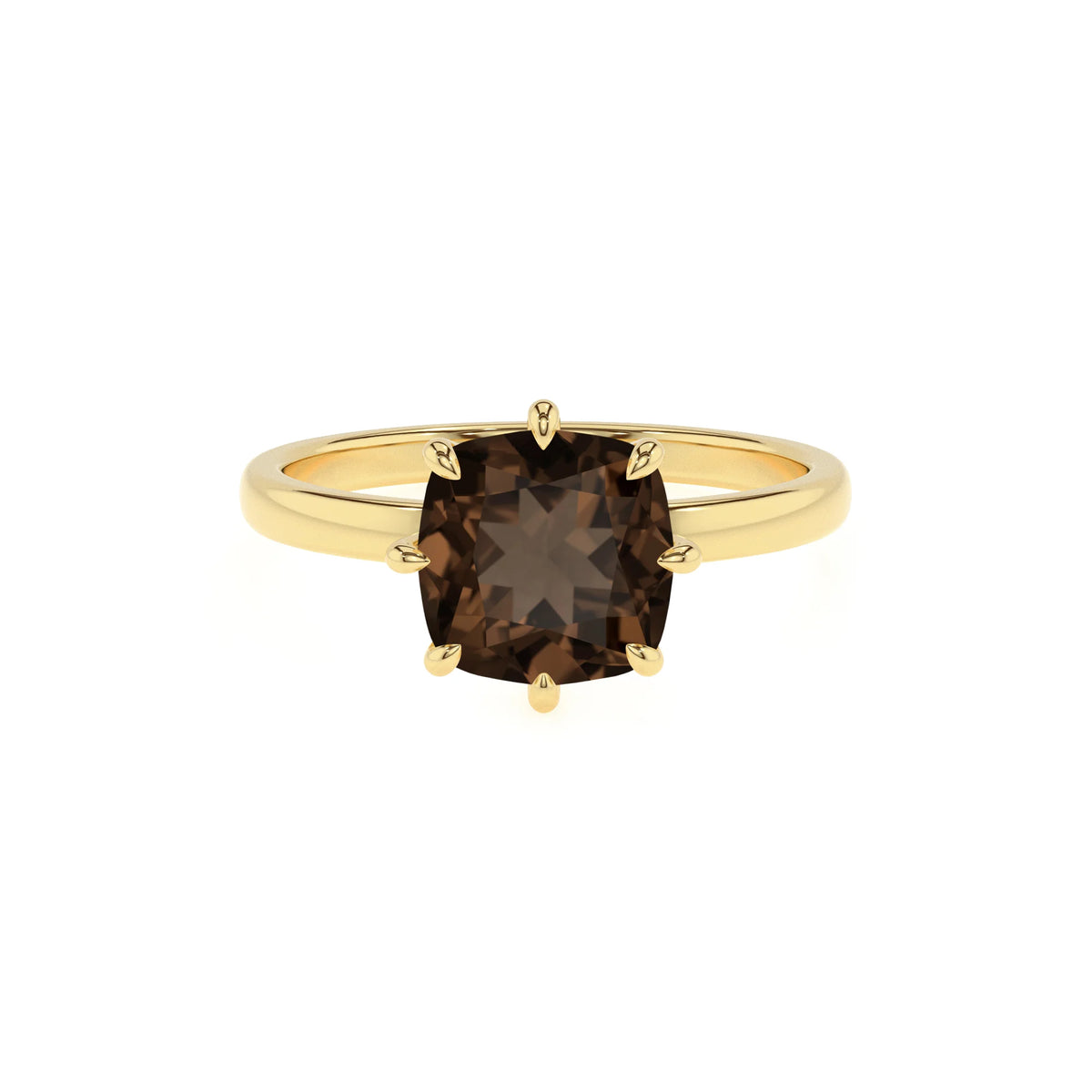 natural smoky-quartz cushion solitaire rings in yellow gold 