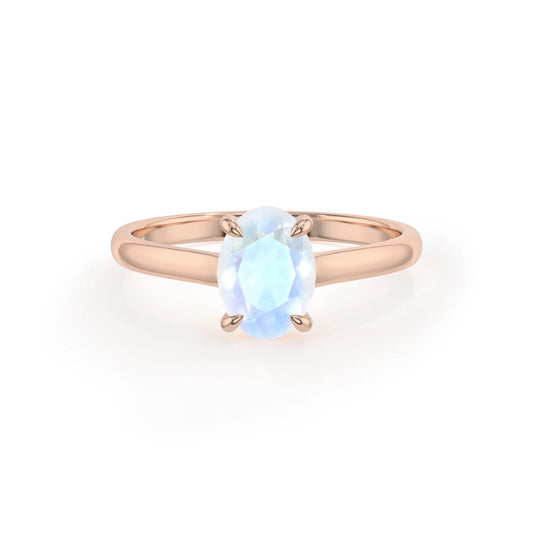 natural rainbow-moonstone oval solitaire rings in rose gold 