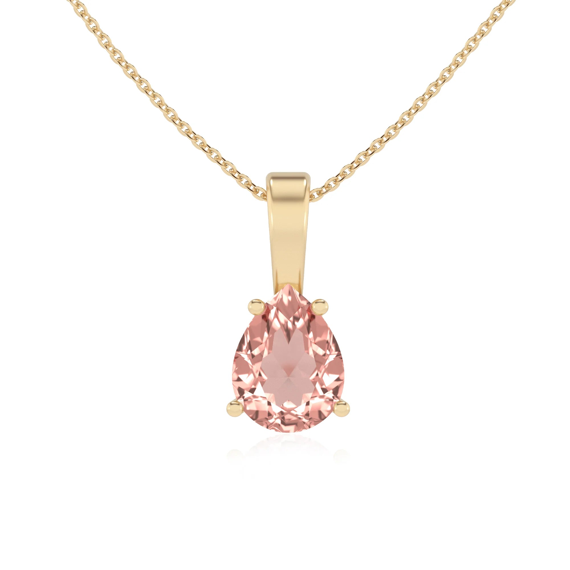 lab grown morganite pear solitaire necklaces in yellow gold 