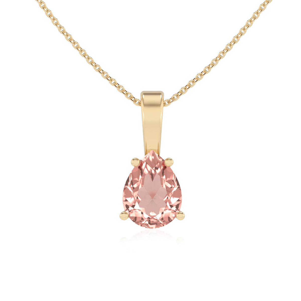 lab grown morganite pear solitaire necklaces in yellow gold 