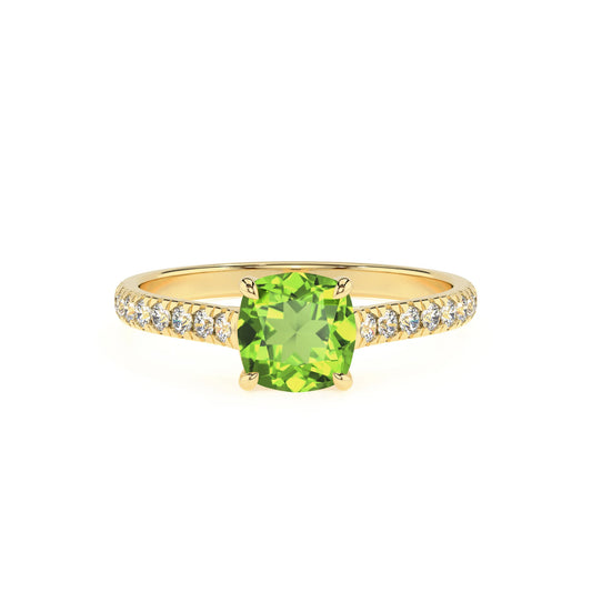 natural peridot cushion half eternity solitaire engagement rings in yellow gold 