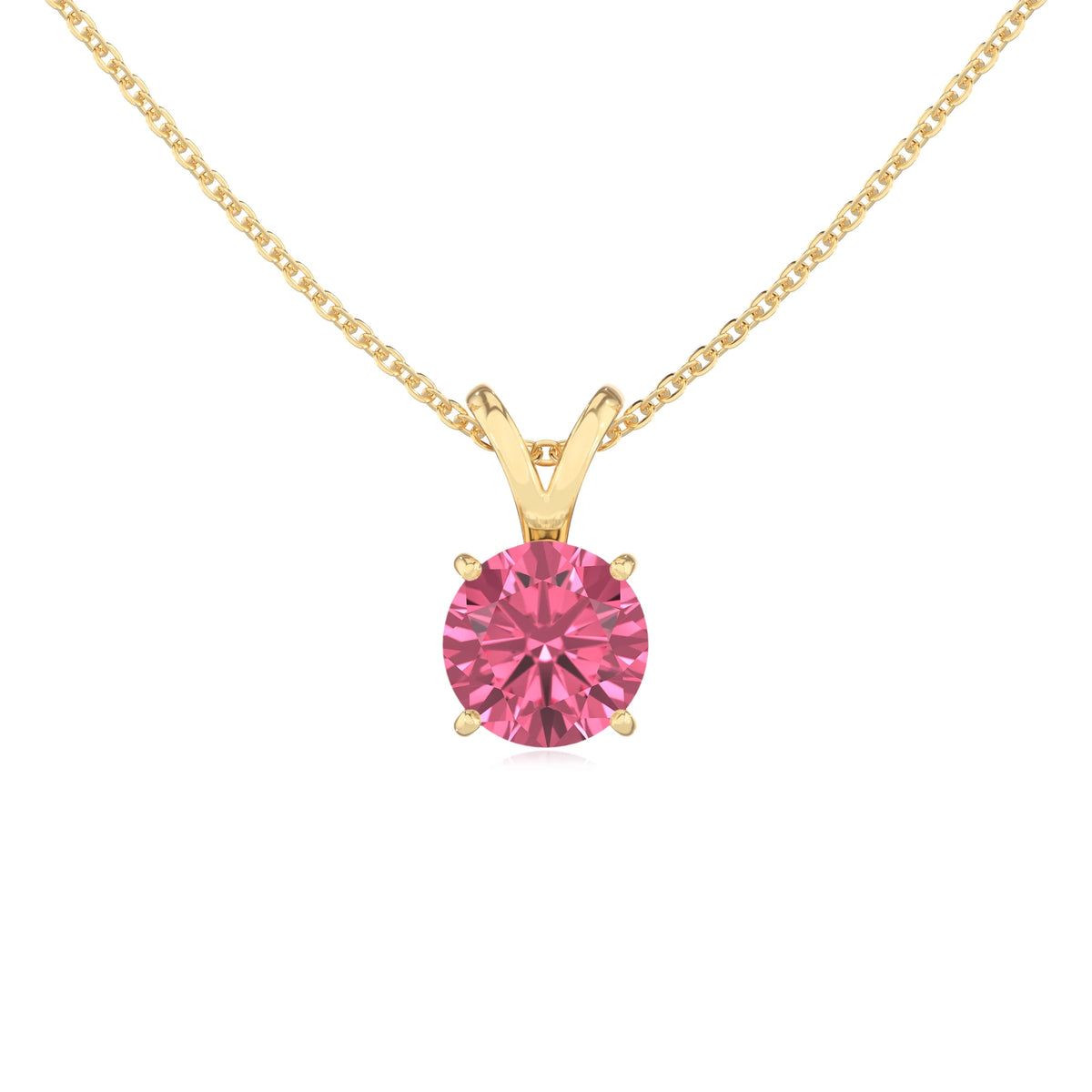 lab grown pink-tourmaline round solitaire v-bale necklaces in yellow gold 