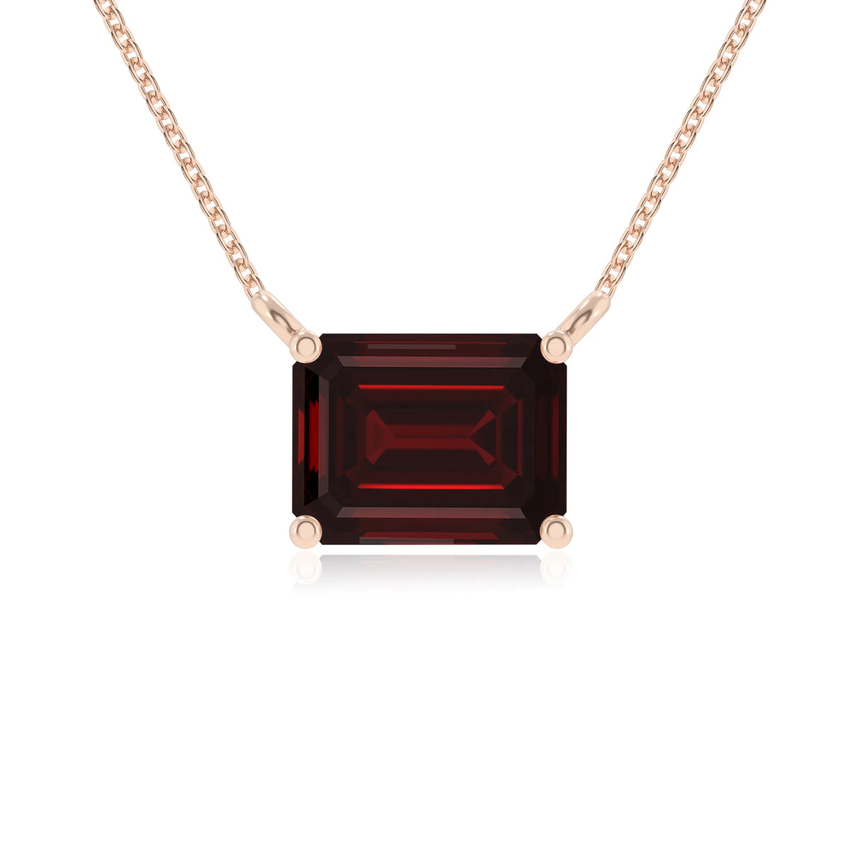 natural garnet emerald cut solitaire necklaces in rose gold 