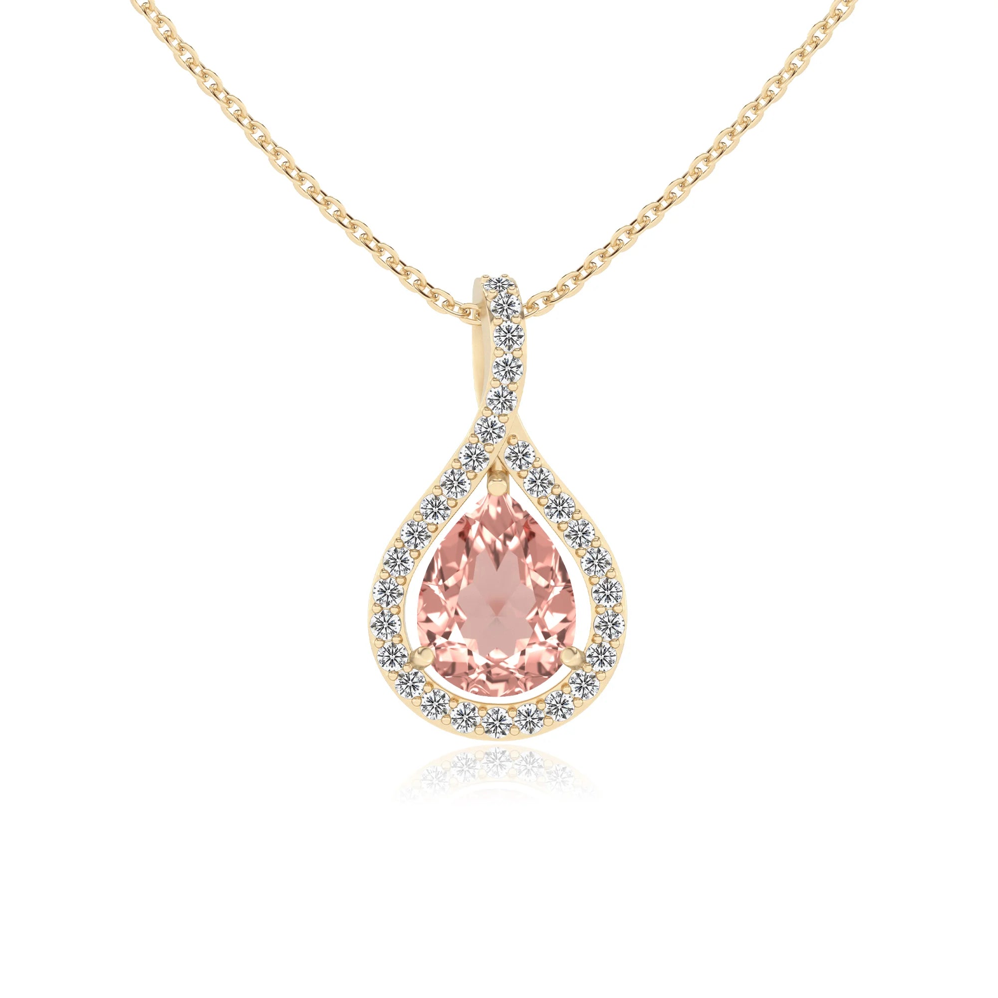 lab grown morganite pear solitaire necklaces in yellow gold 