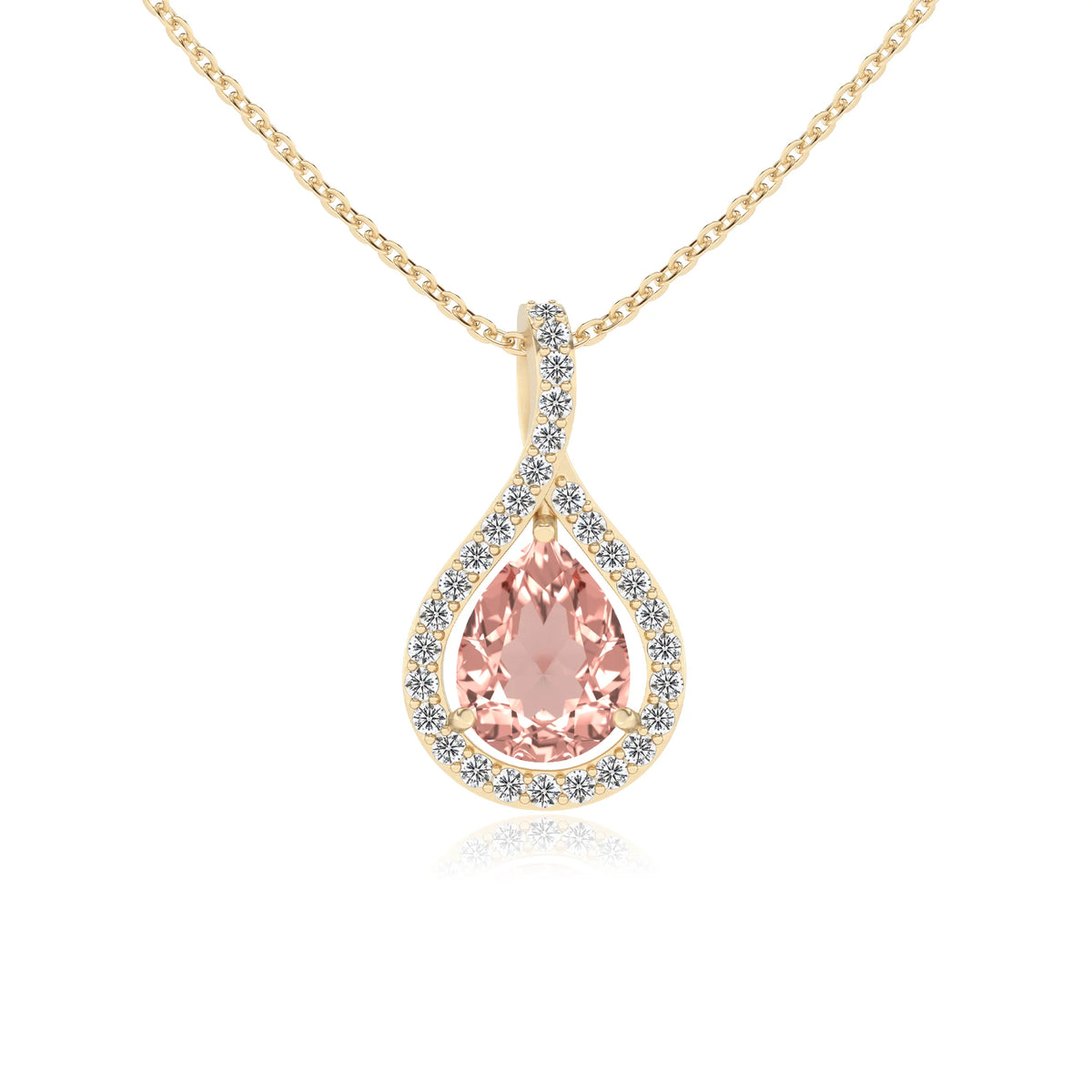 lab grown morganite pear solitaire necklaces in yellow gold 