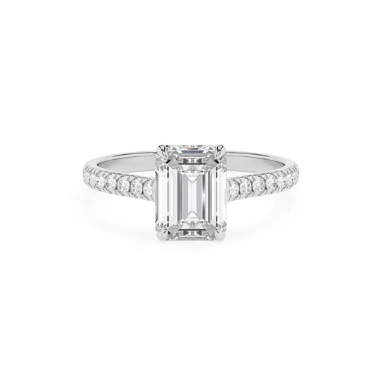 lab grown moissanite emerald cut half eternity solitaire engagement rings in platinum 