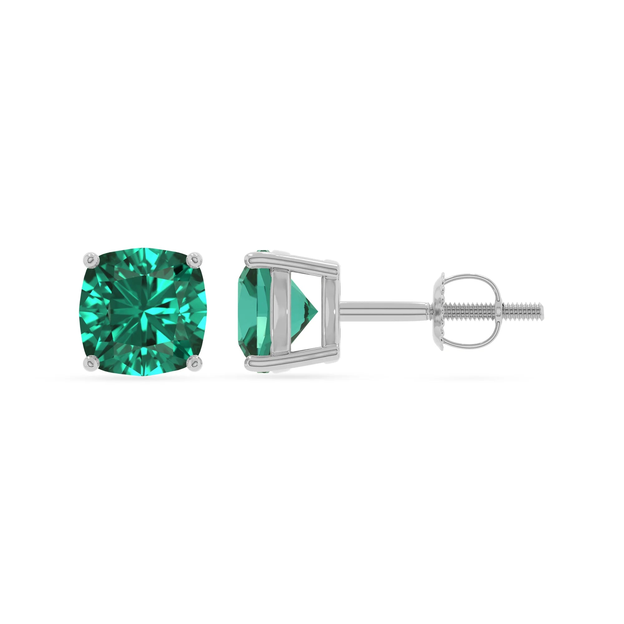 lab grown emerald cushion stud earrings in sterling silver 