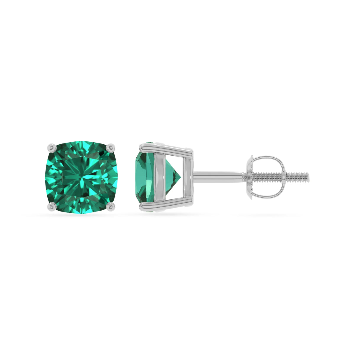 lab grown emerald cushion stud earrings in sterling silver 