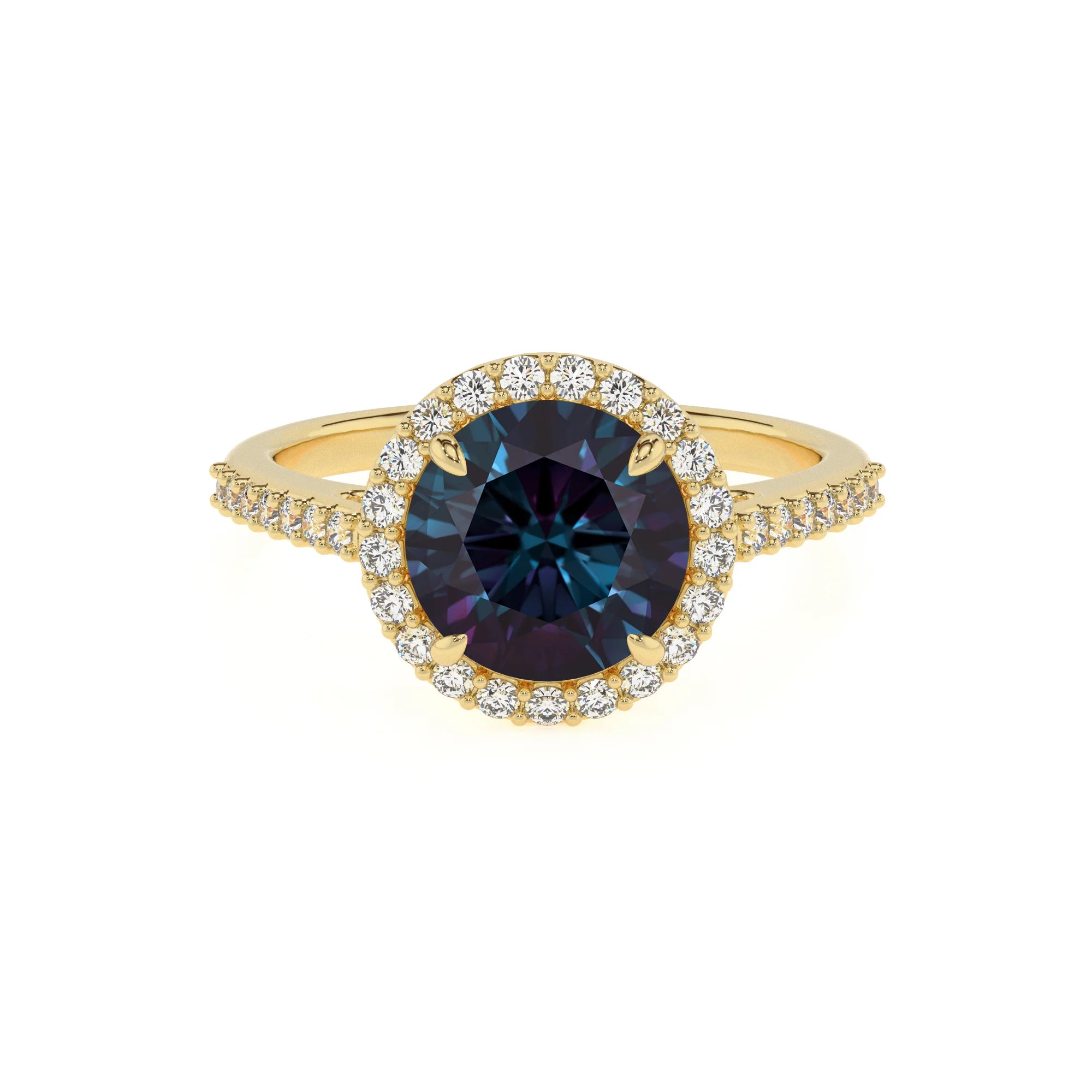 lab grown alexandrite round solitaire rings in yellow gold 