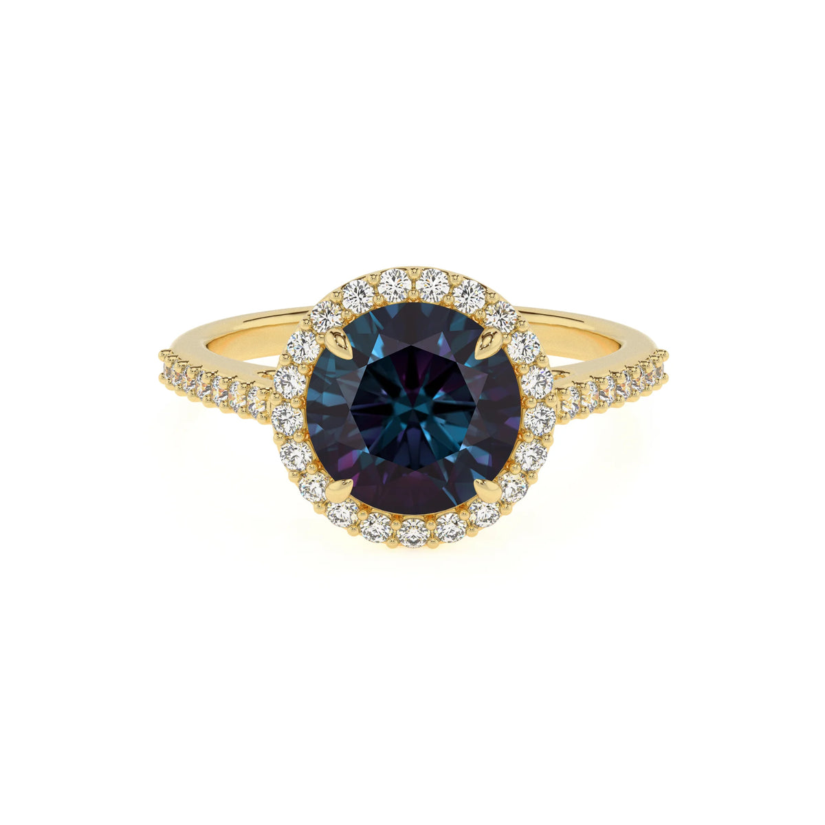 lab grown alexandrite round solitaire rings in yellow gold 