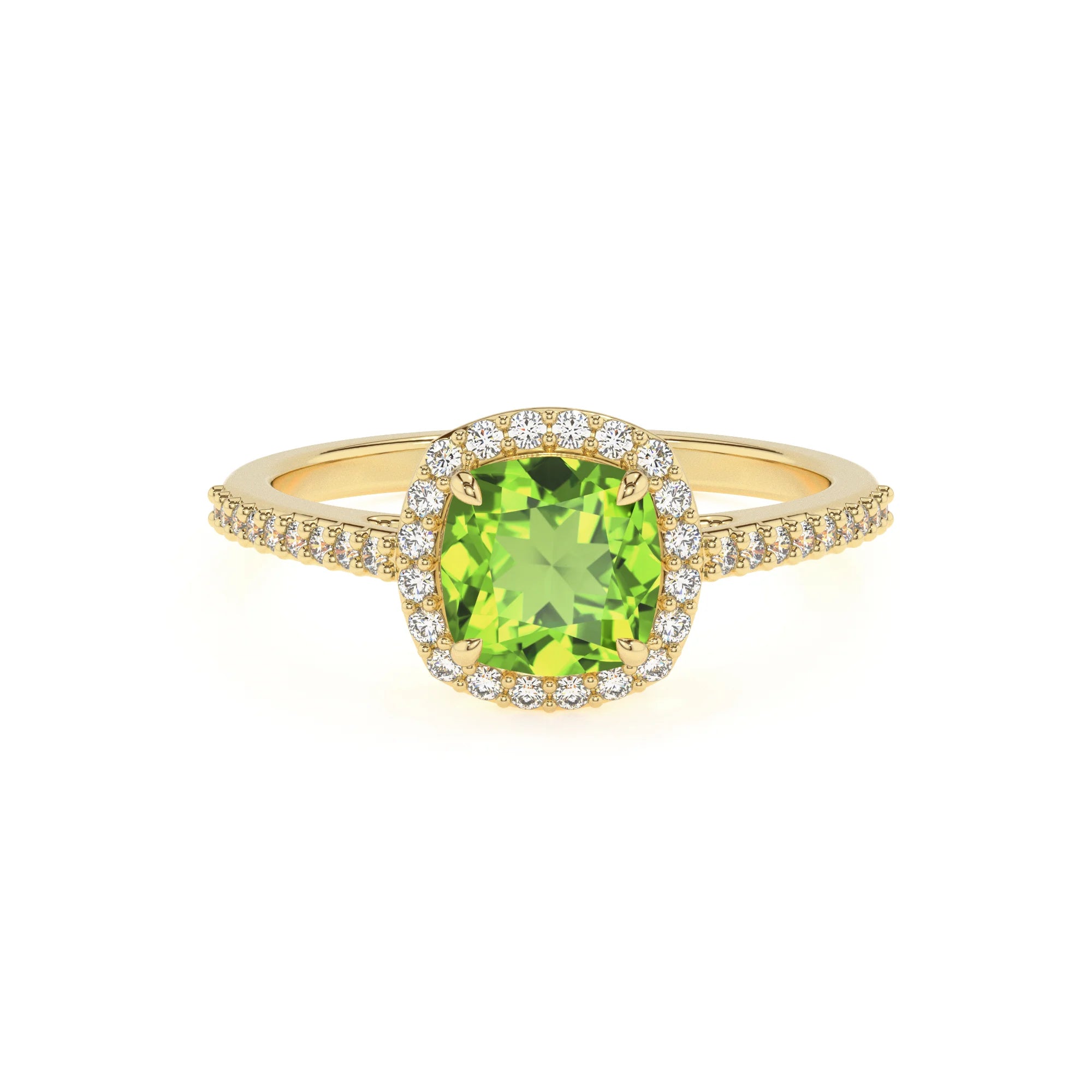 natural peridot cushion solitaire rings in yellow gold 
