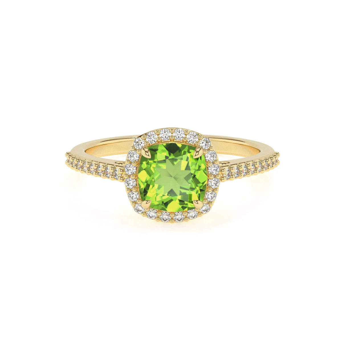 natural peridot cushion solitaire rings in yellow gold 