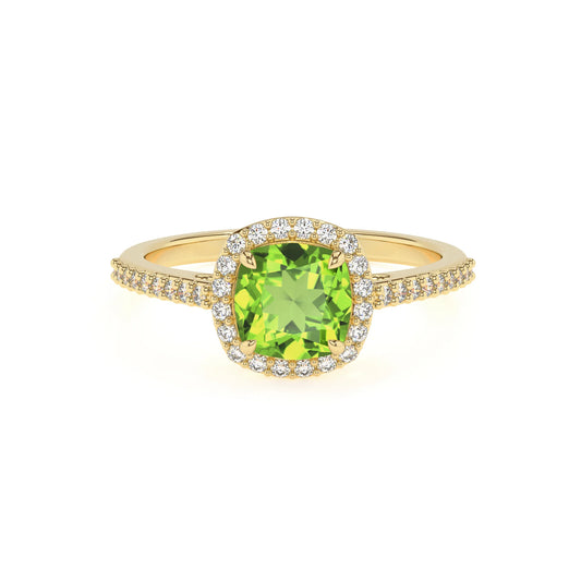 natural peridot cushion solitaire rings in yellow gold 