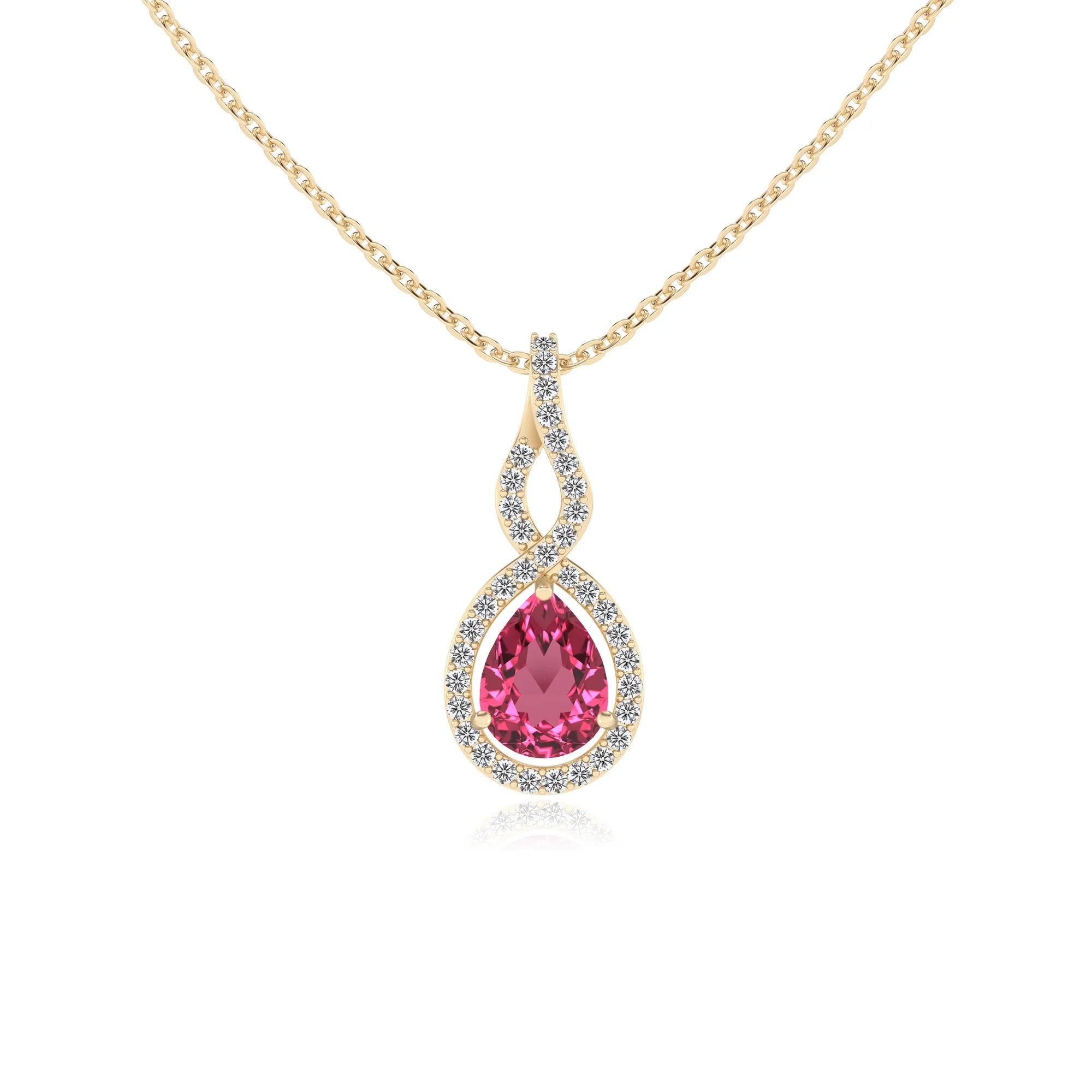 lab grown pink-tourmaline pear necklaces in yellow gold 