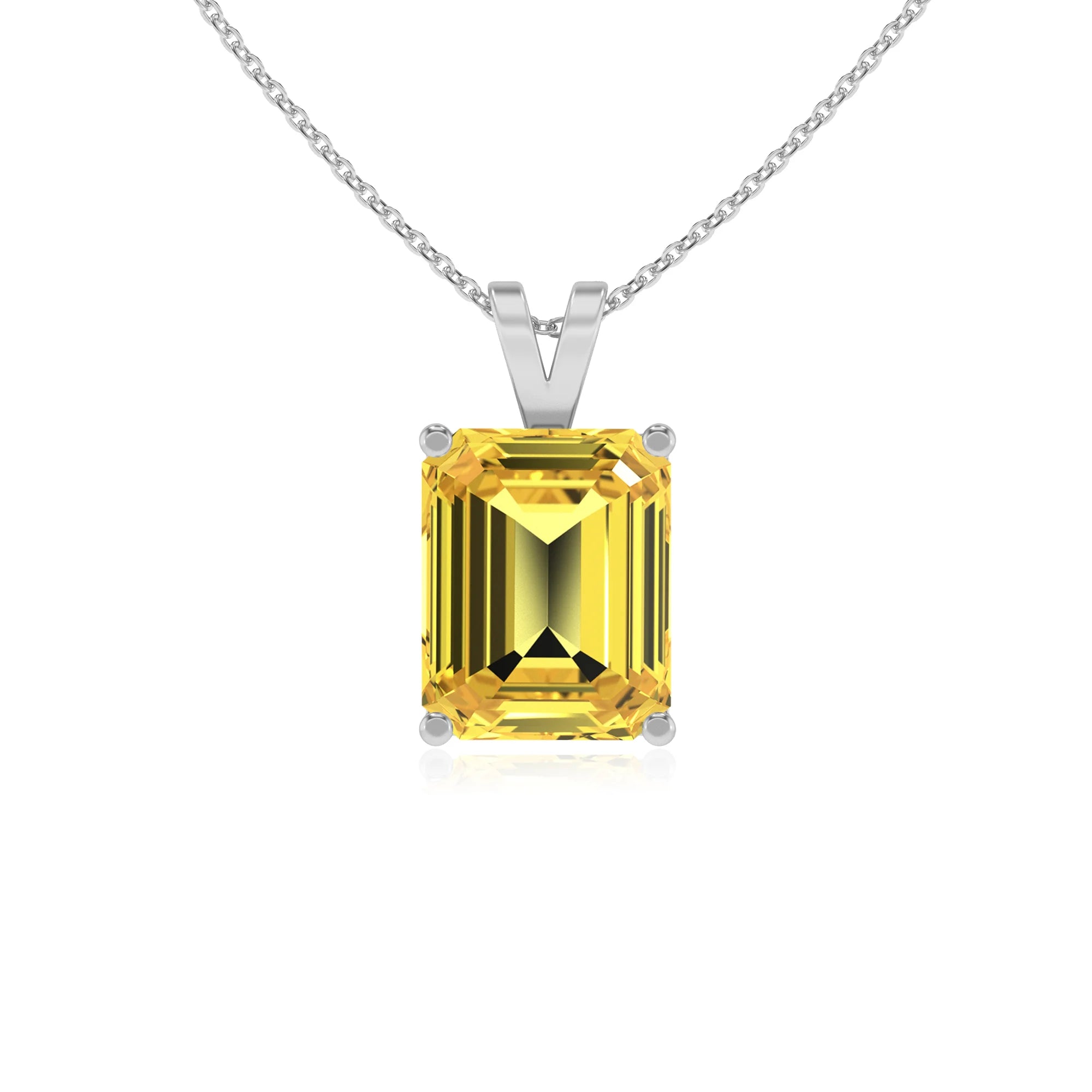 lab grown yellow-sapphire emerald cut solitaire v-bale necklaces in platinum 