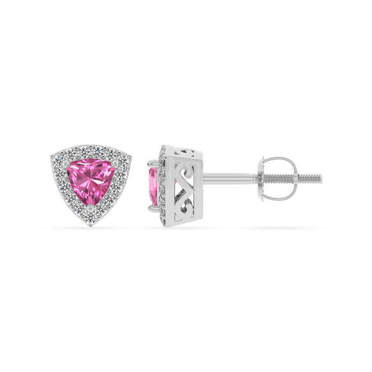 lab grown pink sapphire trillion stud earrings in sterling silver 