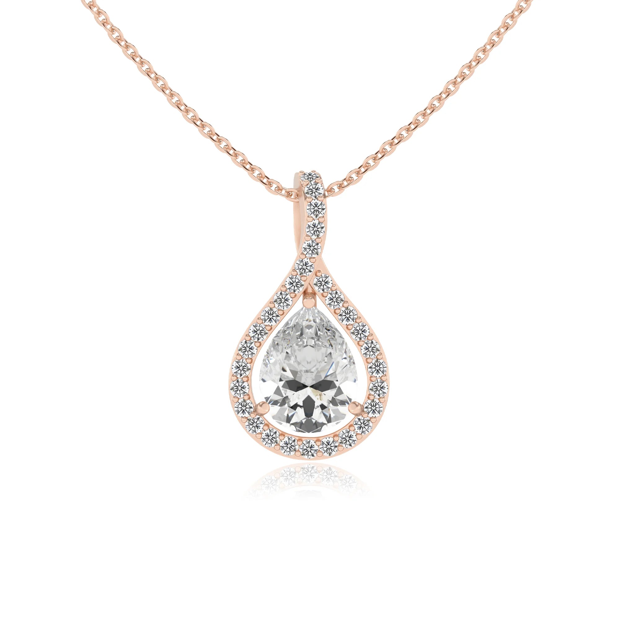 lab grown moissanite pear solitaire necklaces in rose gold 