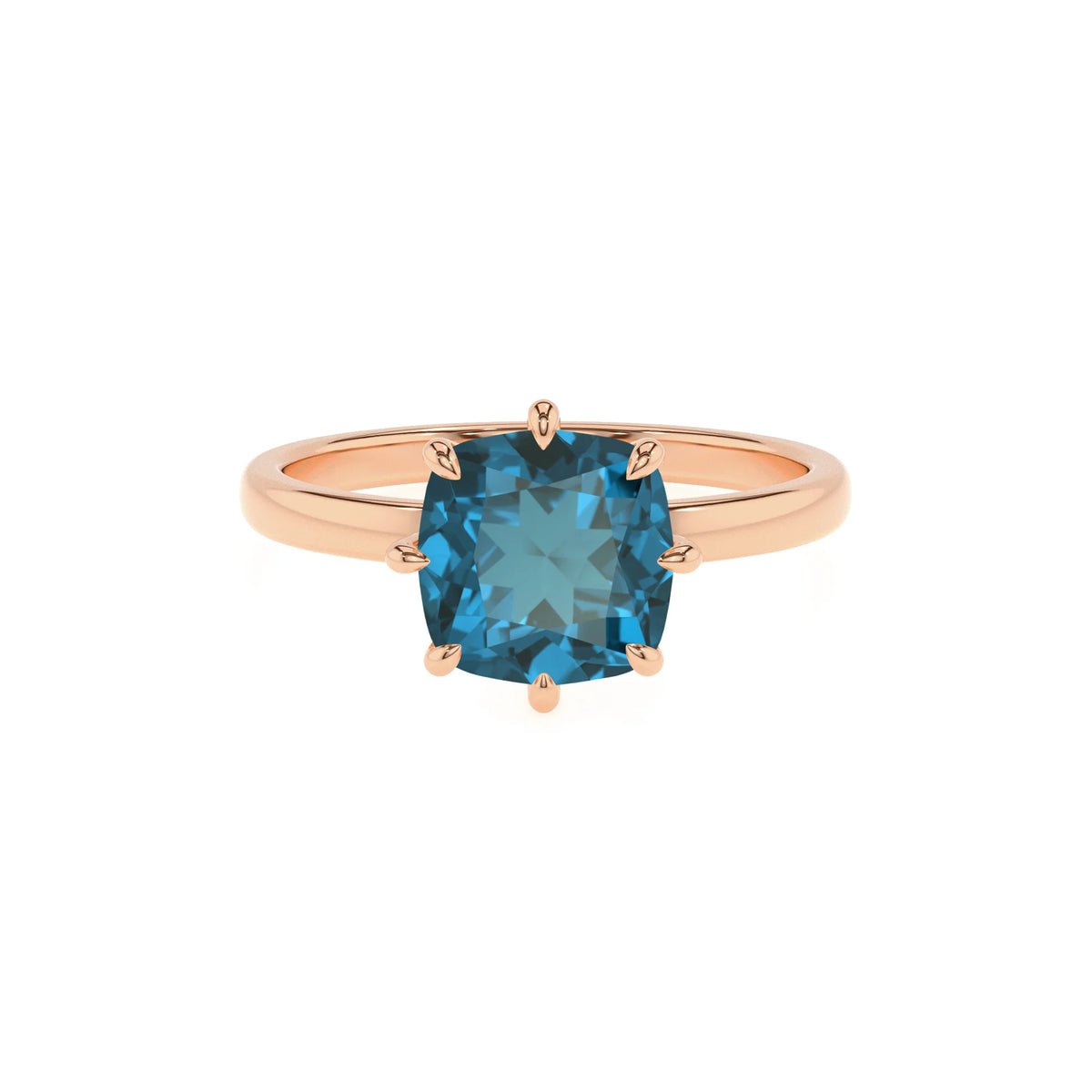 natural london-blue-topaz cushion solitaire rings in rose gold 