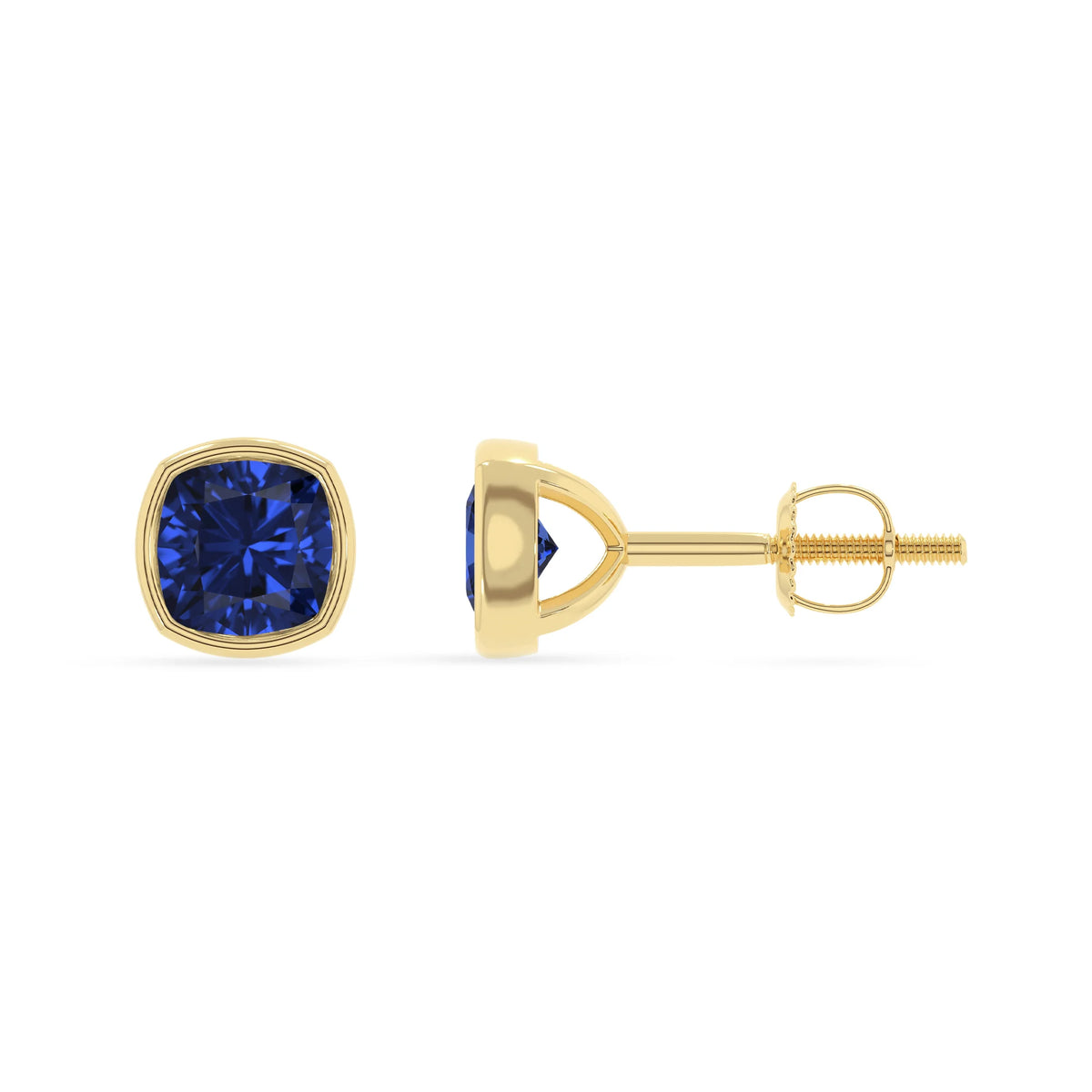 lab grown blue sapphire cushion stud earrings in yellow gold 