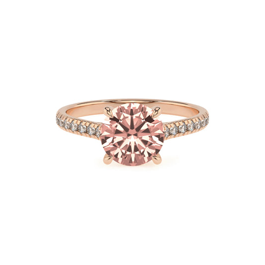 lab grown morganite round half eternity solitaire engagement rings in rose gold 