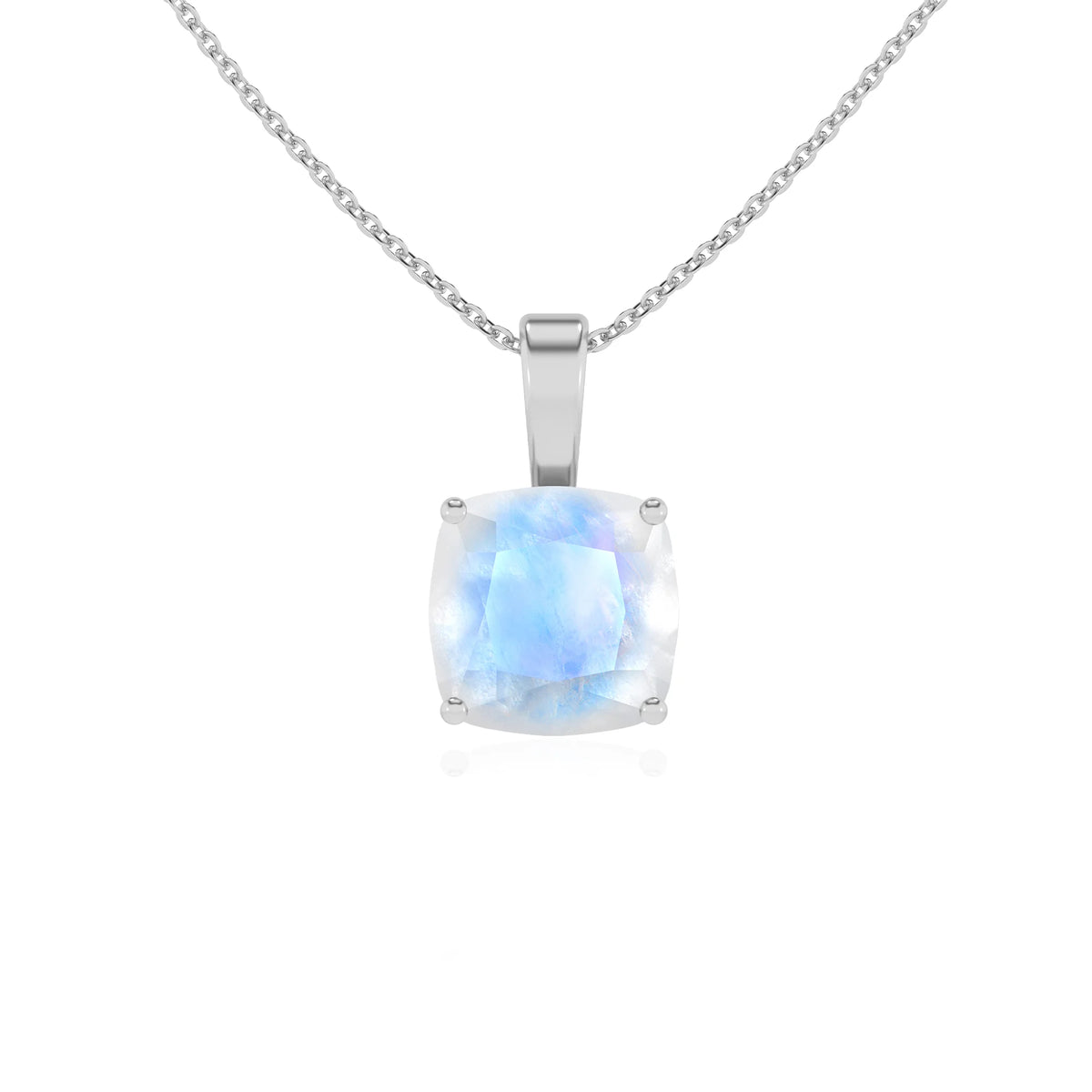 natural rainbow-moonstone cushion solitaire necklaces in white gold 