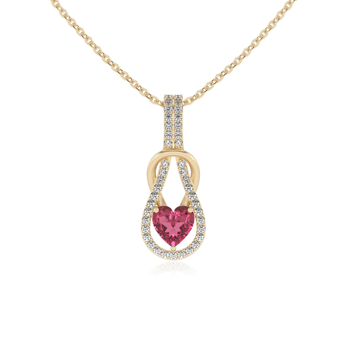lab grown pink-tourmaline heart infinity  v-bale necklaces in yellow gold 