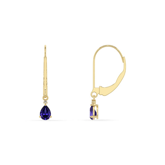 lab grown tanzanite pear drop earrings in yellow gold 