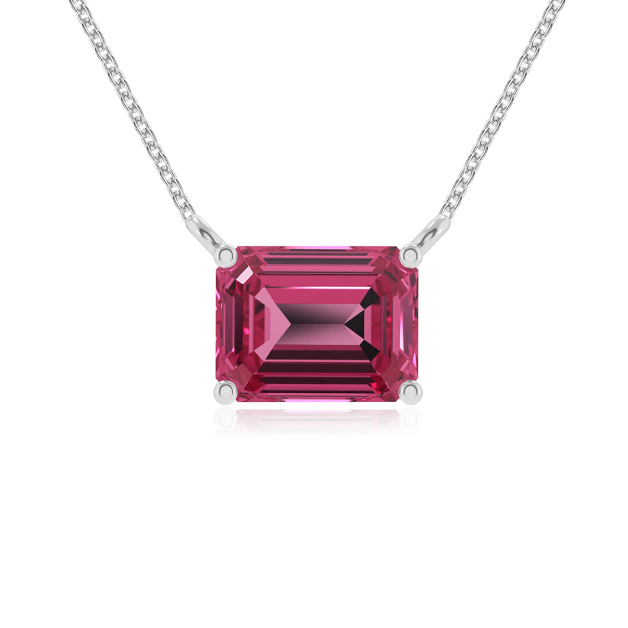 lab grown pink-tourmaline emerald cut solitaire necklaces in sterling silver 
