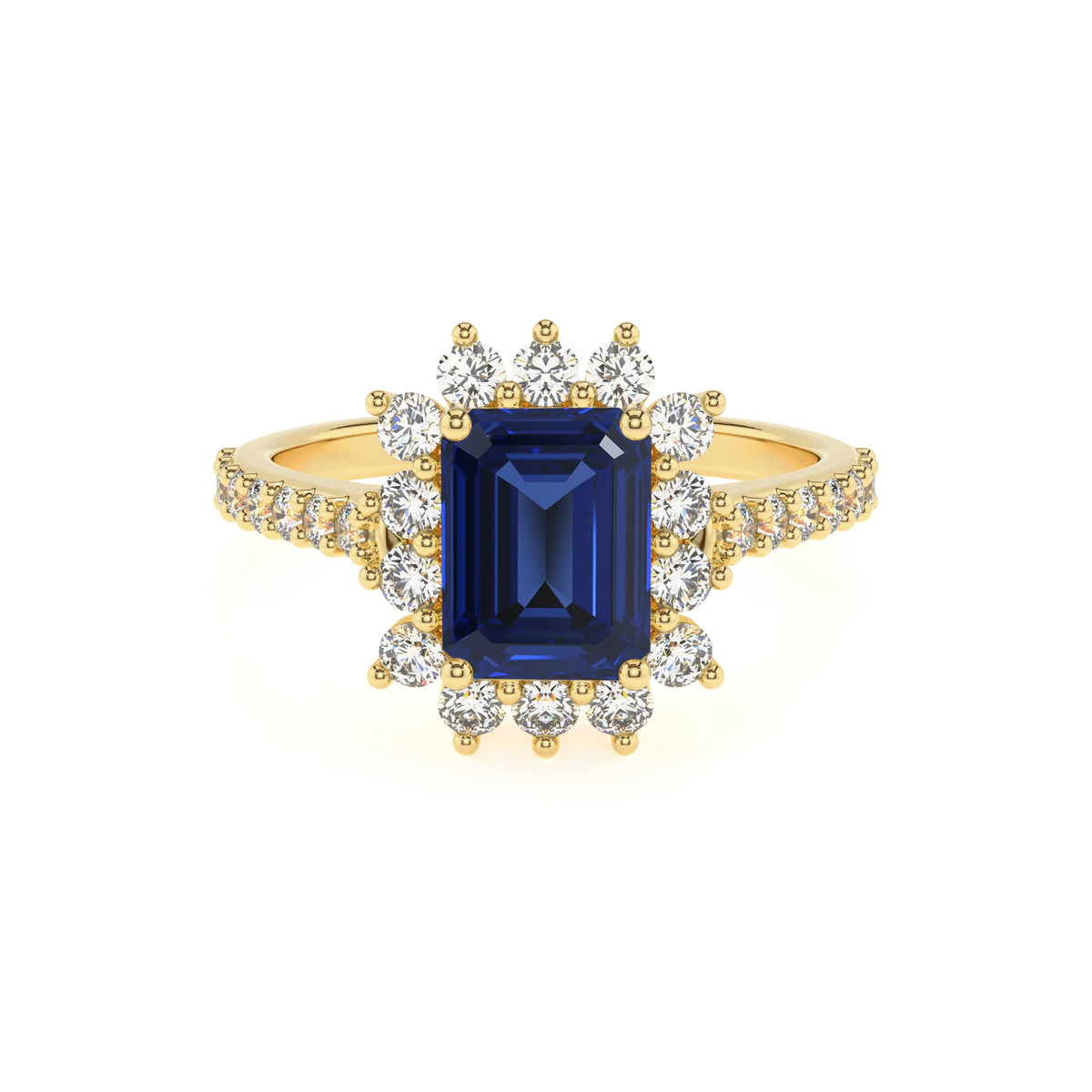 lab grown blue-sapphire emerald cut solitaire rings in yellow gold 