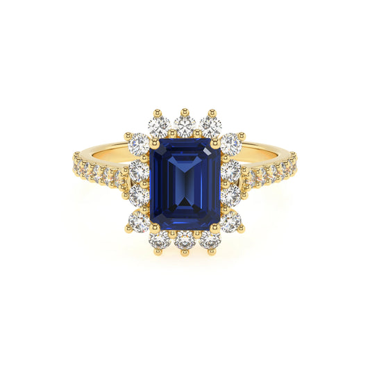 lab grown blue-sapphire emerald cut solitaire rings in yellow gold 