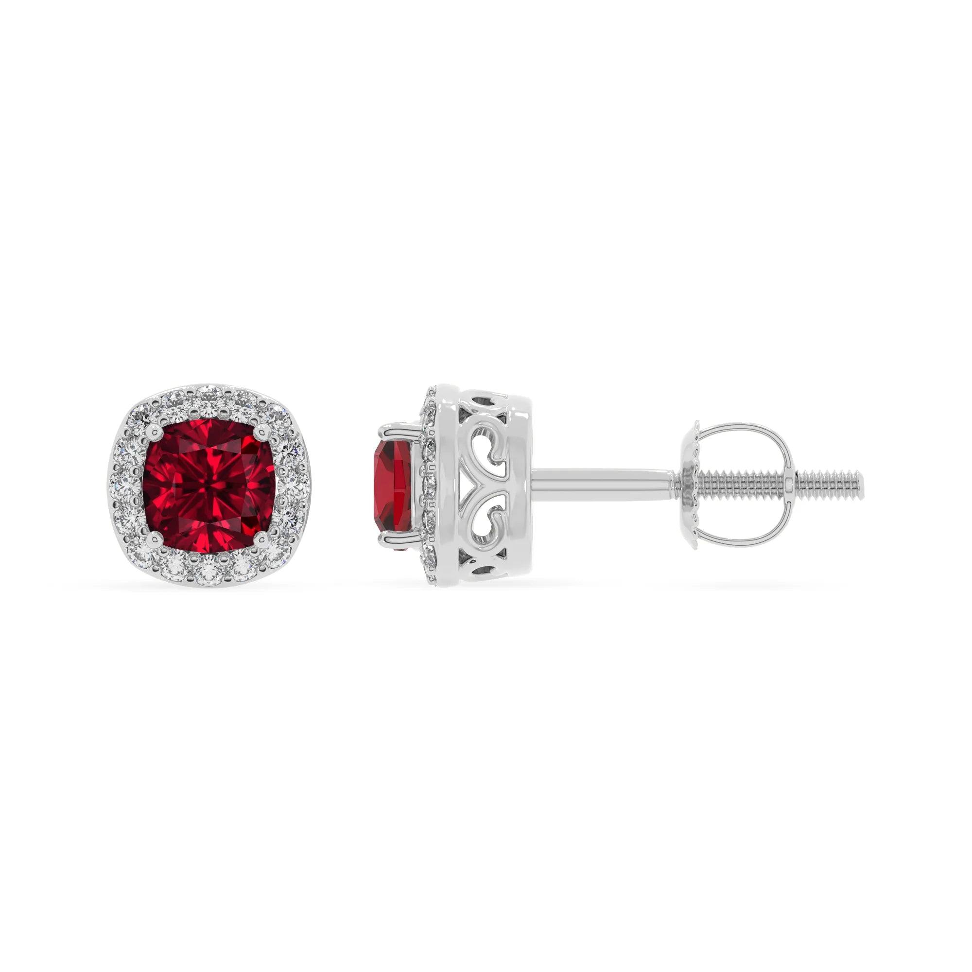 lab grown ruby cushion stud earrings in platinum 