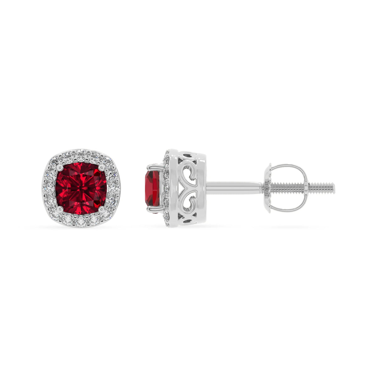 lab grown ruby cushion stud earrings in platinum 