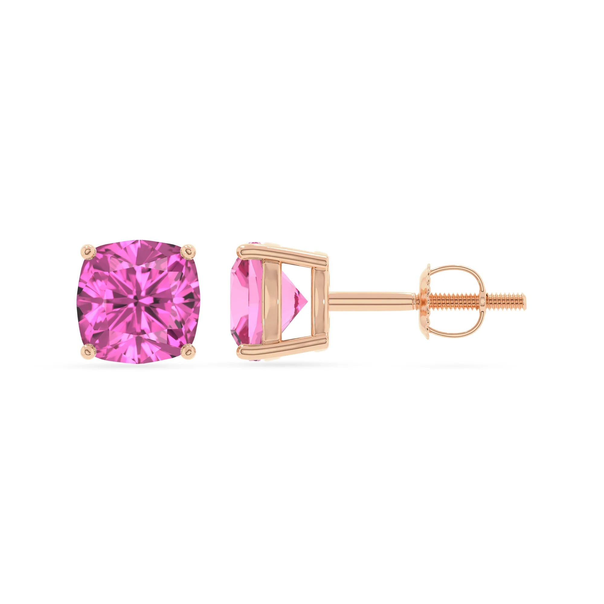 lab grown pink sapphire cushion stud earrings in rose gold 