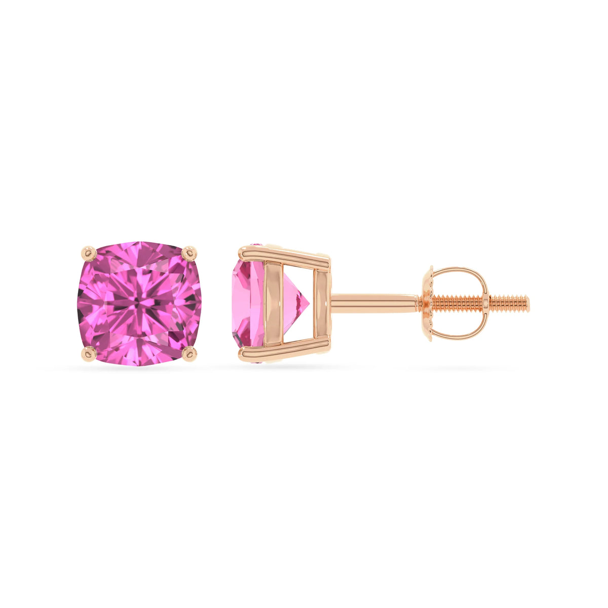 lab grown pink sapphire cushion stud earrings in rose gold 