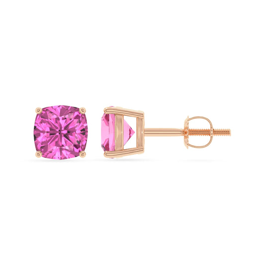 lab grown pink sapphire cushion stud earrings in rose gold 