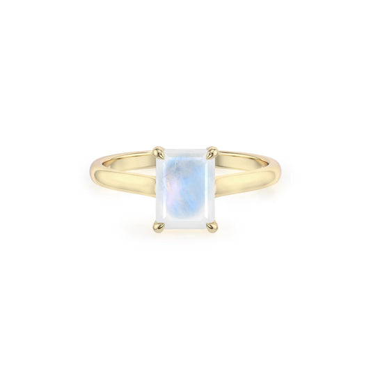 natural rainbow-moonstone emerald cut solitaire rings in yellow gold 