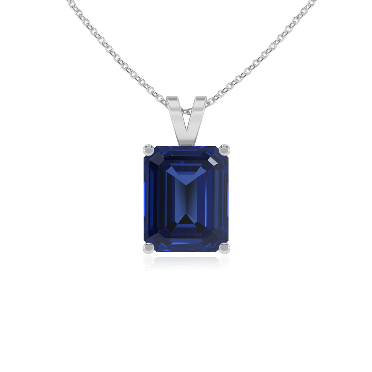 lab grown blue-sapphire emerald cut solitaire v-bale necklaces in white gold 