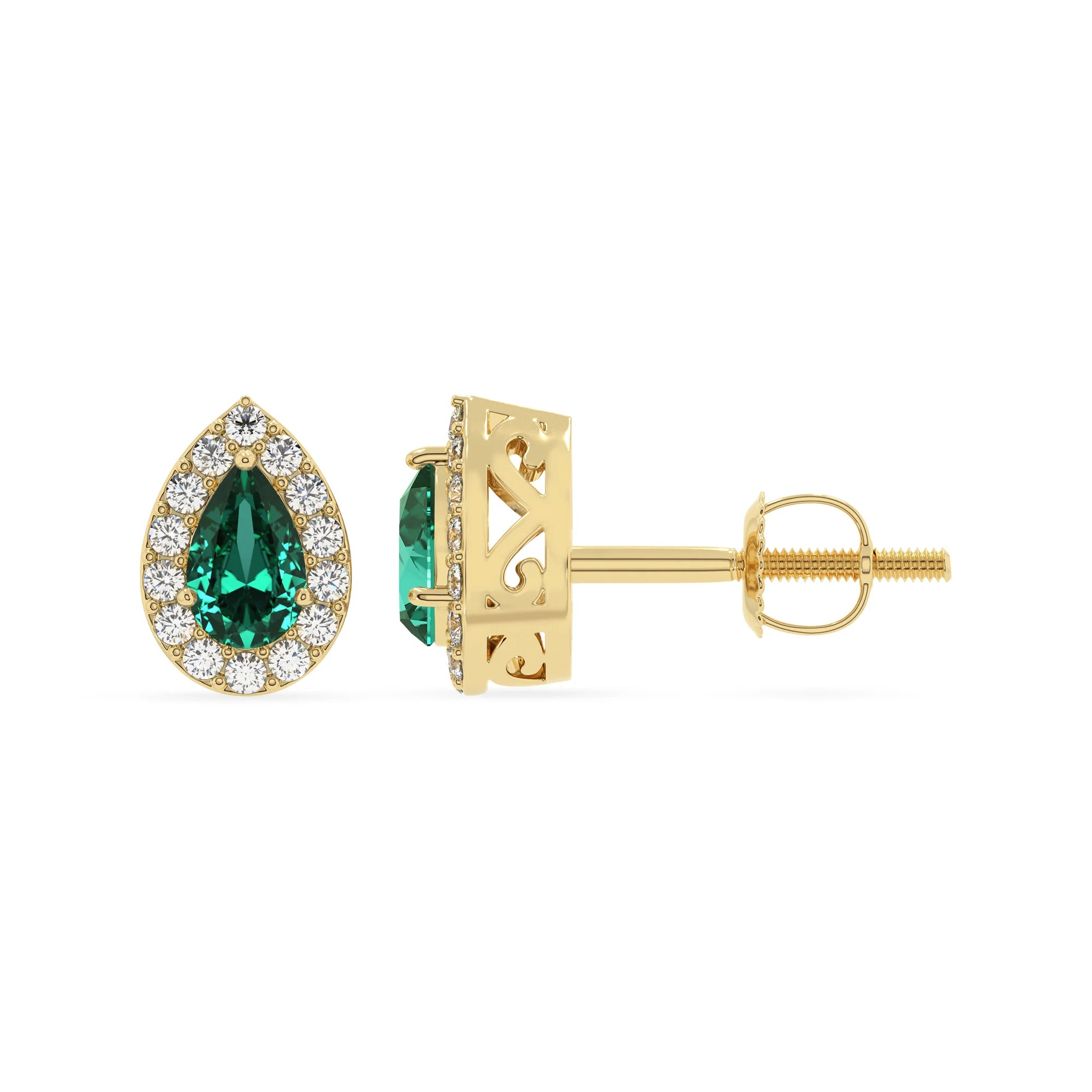lab grown emerald pear stud earrings in yellow gold 