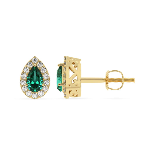 lab grown emerald pear stud earrings in yellow gold 
